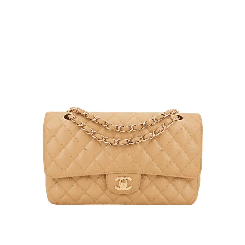 CHANEL Dark Beige Caviar Medium Classic Double Flap Bag